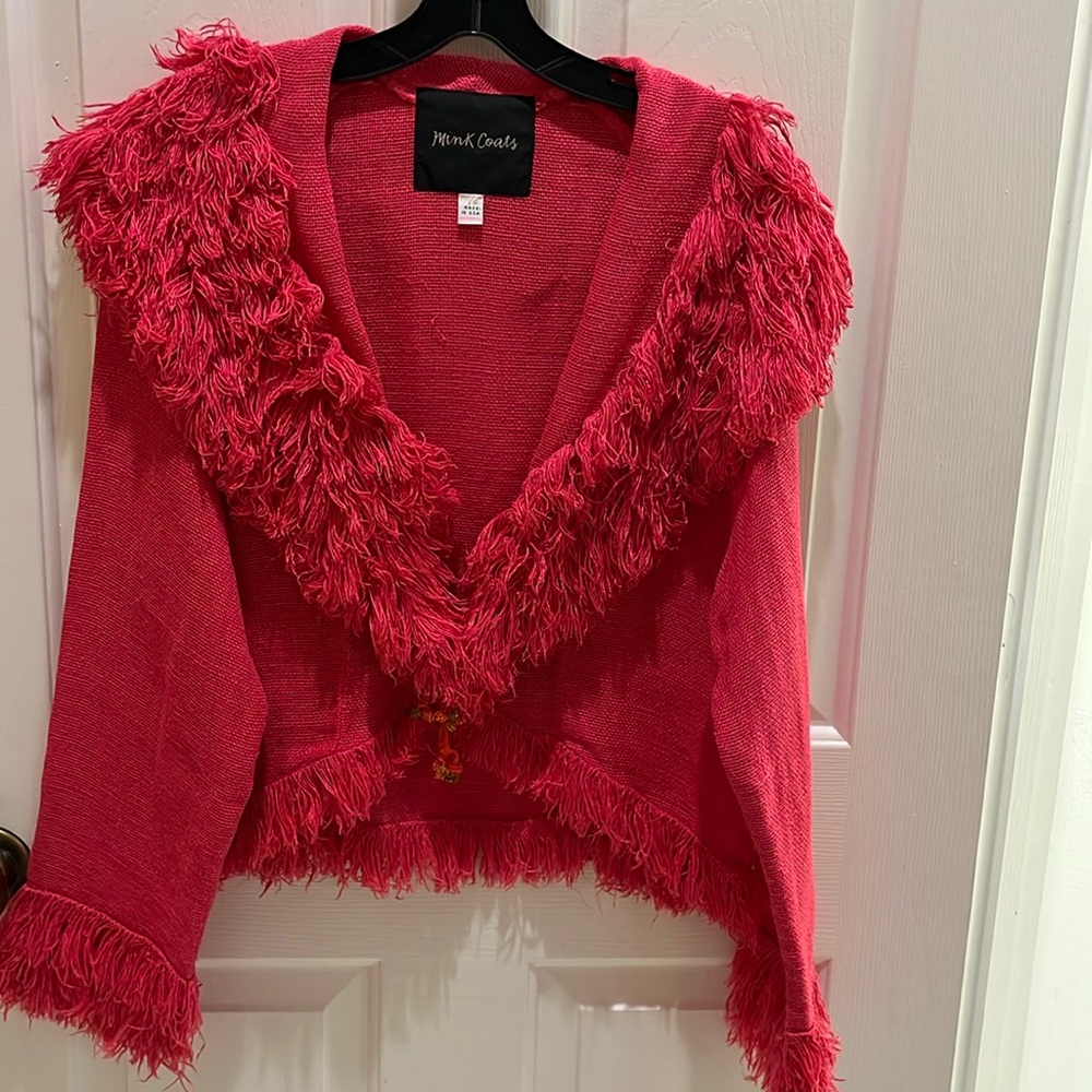 Mink Coats Pink linen jacket with fringe collar and cuffs